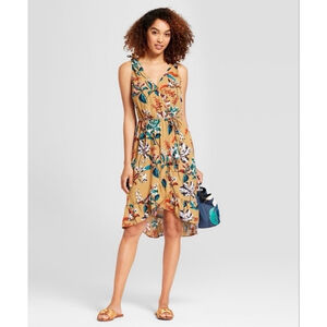 Women's A New Day Floral Wrap Dress Tan/Green Size M